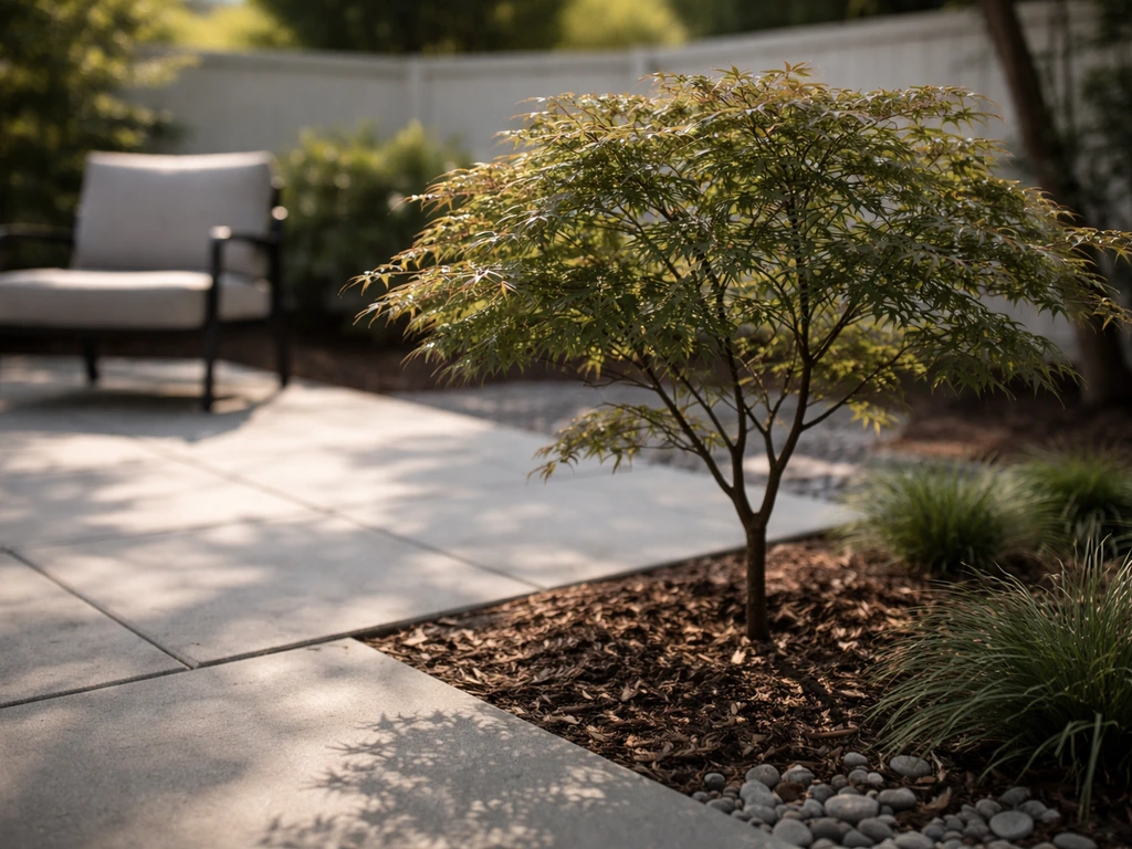 Small patio tree in a simple outdoor setting, shown as a broad landscape use rather than a specific plant category.