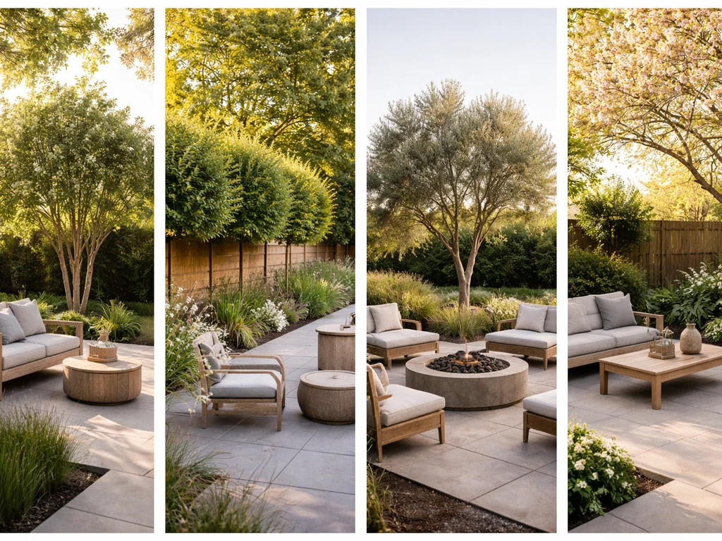 Four minimalist outdoor patio scenes showing small trees for shade, privacy screening, focal accents, and seasonal inter