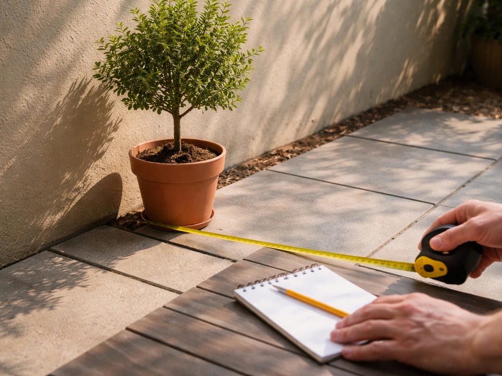 Person measuring sunlight on patio near a small potted tree with a tape measure and notepad.