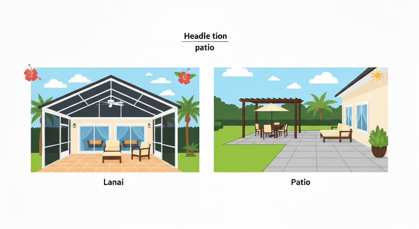 Side-by-side illustration showing a covered, roofed lanai with screens and an open, paved patio under the sky.