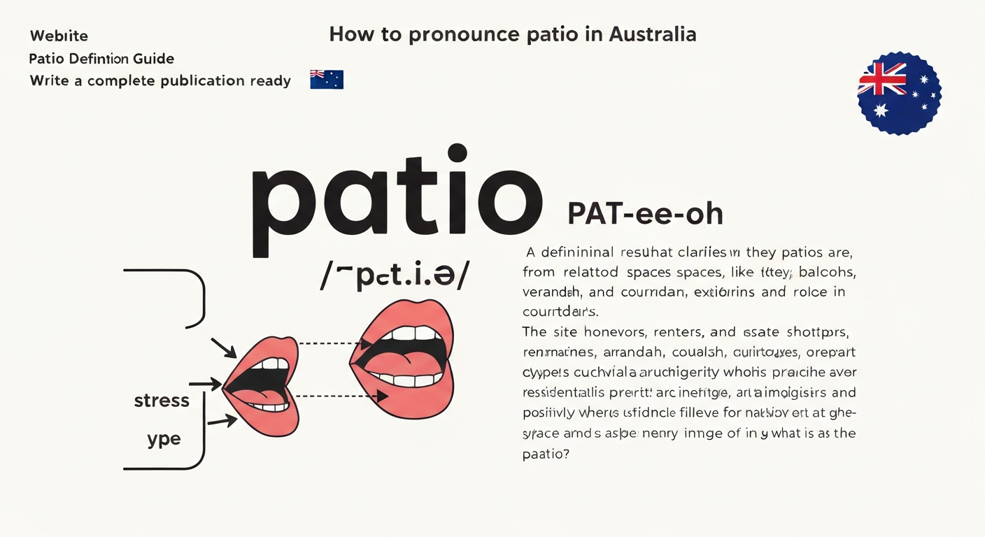 Illustration showing the word 'patio' with phonetic respelling PAT-ee-oh, IPA /ˈpæt.i.əʉ/ and a mouth-articulation diagram indicating stress on the first syllable.