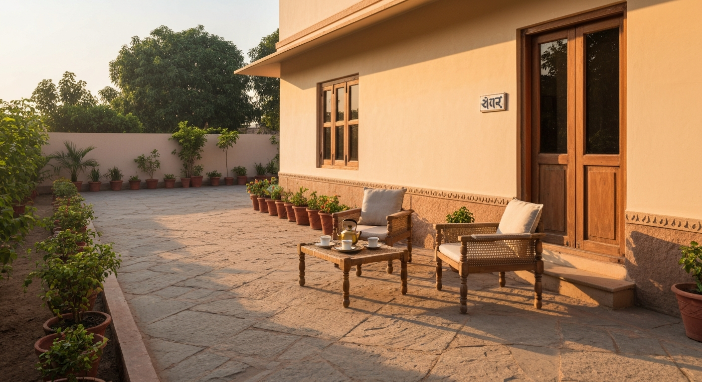 Ground-level Gujarati patio (આંગણું) with Kota stone paving, outdoor seating, potted plants and a morning tea setup.