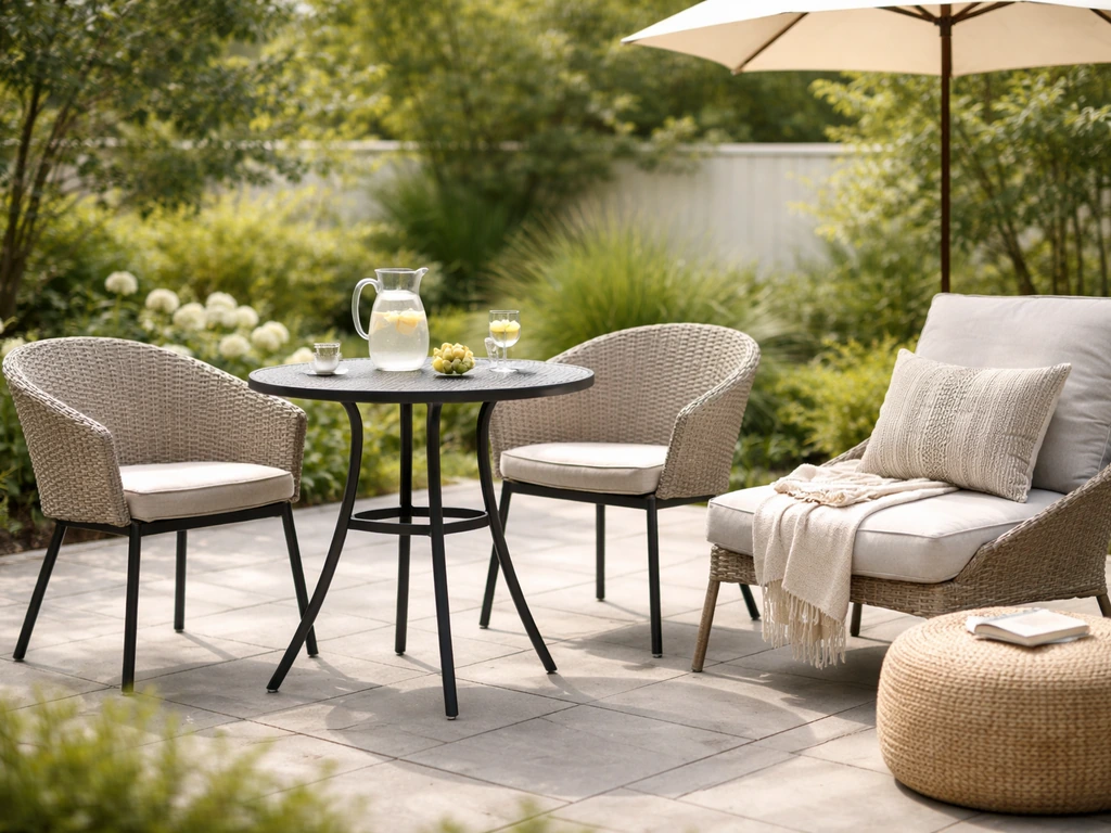 Outdoor patio seating setup with table and chairs in a tidy, inviting backyard setting.
