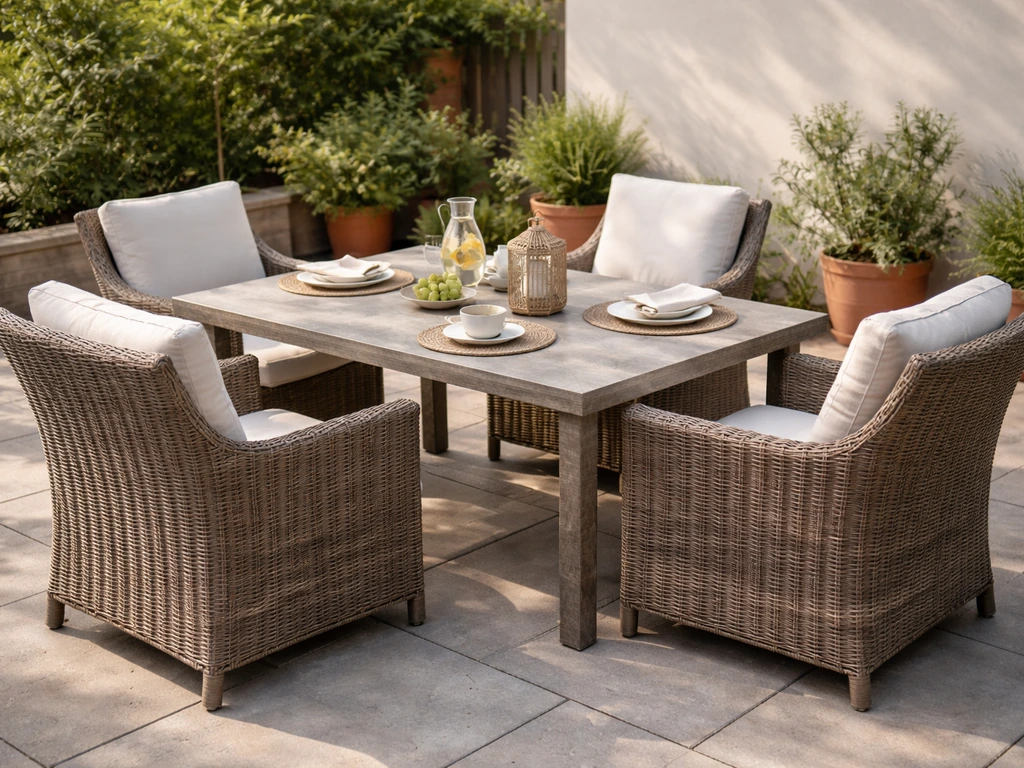 Outdoor dining table with four matching chairs on a quiet patio, ready for a meal.