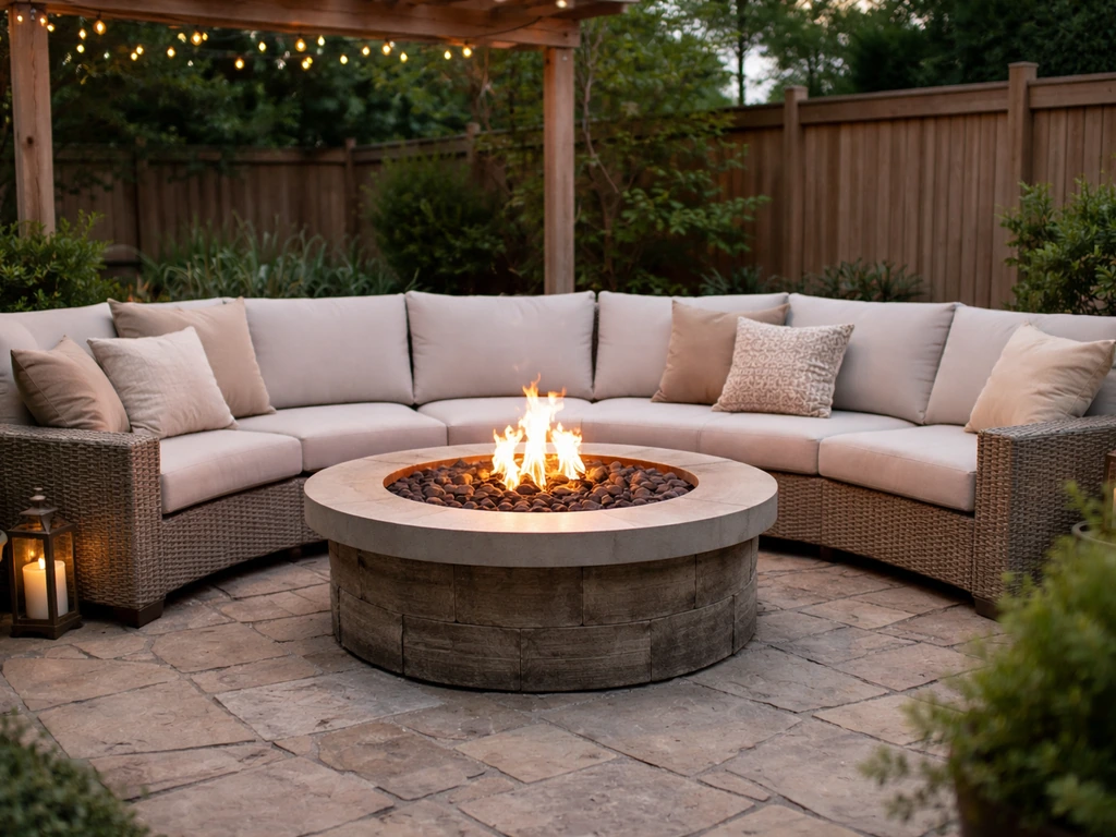 Outdoor patio with semicircle sofa seating around a central fire pit