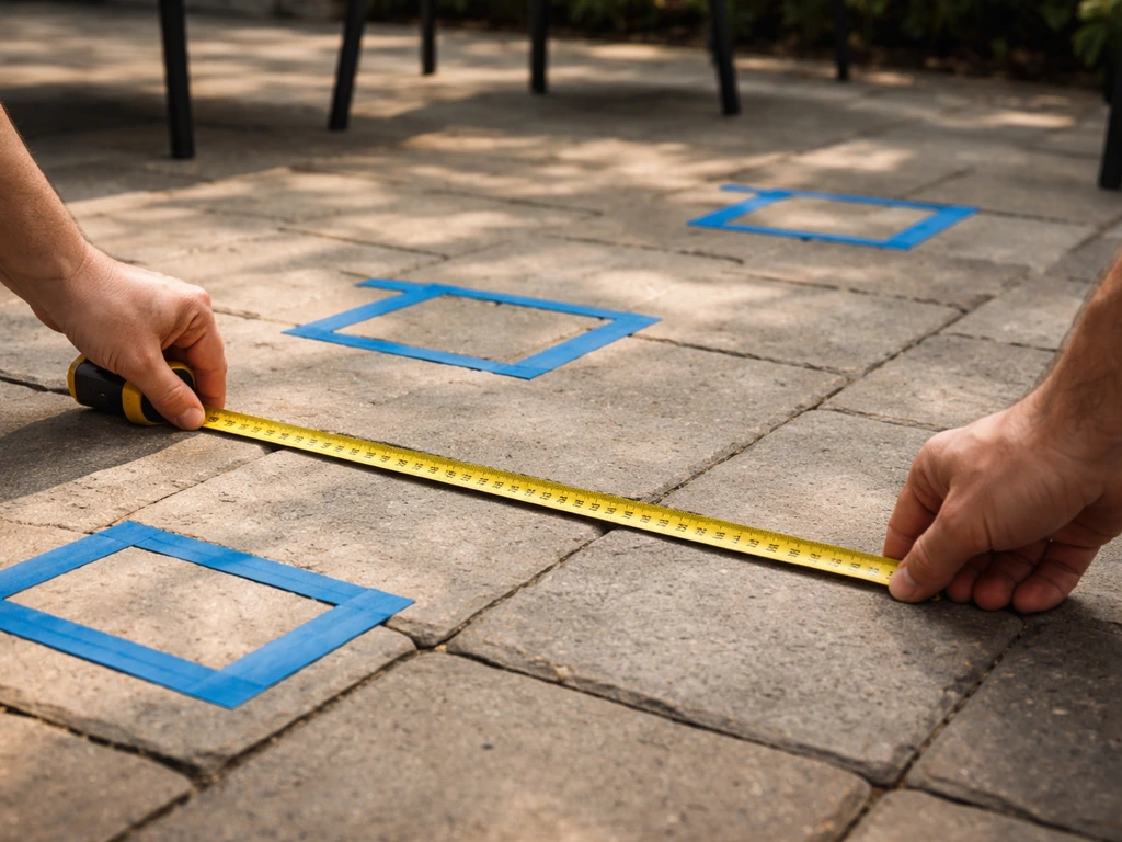 Anonymous hands measuring a patio with a tape measure and small layout markers on outdoor pavers.