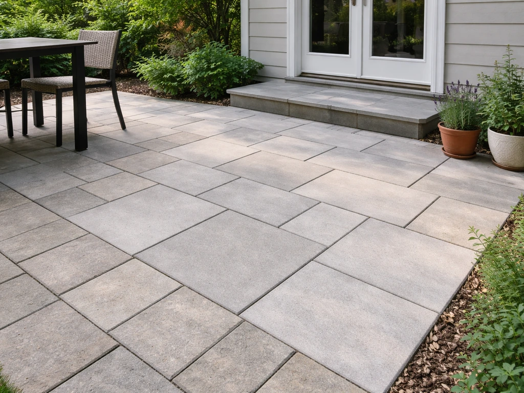 Ground-level paved patio with stone/concrete slabs adjoining a house and simple outdoor seating.