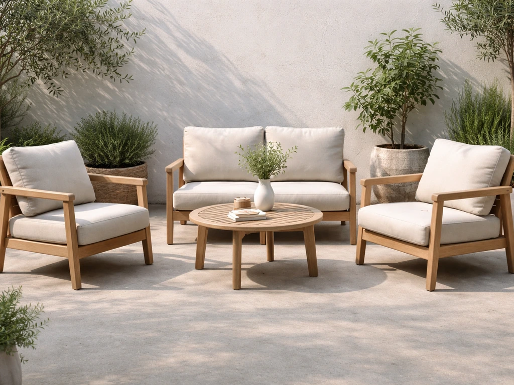 Lounge conversation set with two armchairs, loveseat, and coffee table on a quiet patio