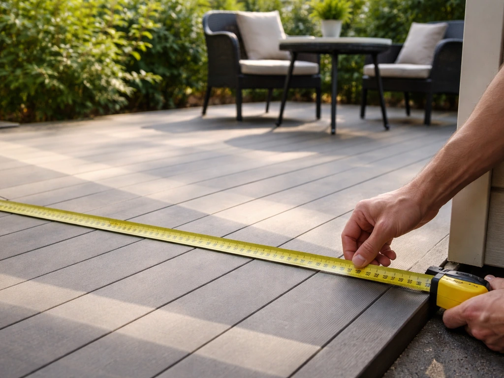 Hands measuring an outdoor patio with a tape measure near patio furniture, showing subtle clearance spacing.
