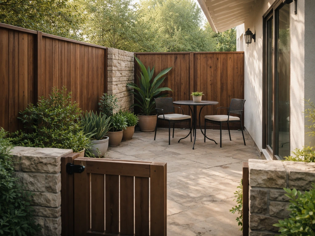 A ground-level enclosed patio with tall privacy fencing, showing exclusive boundary and controlled access.