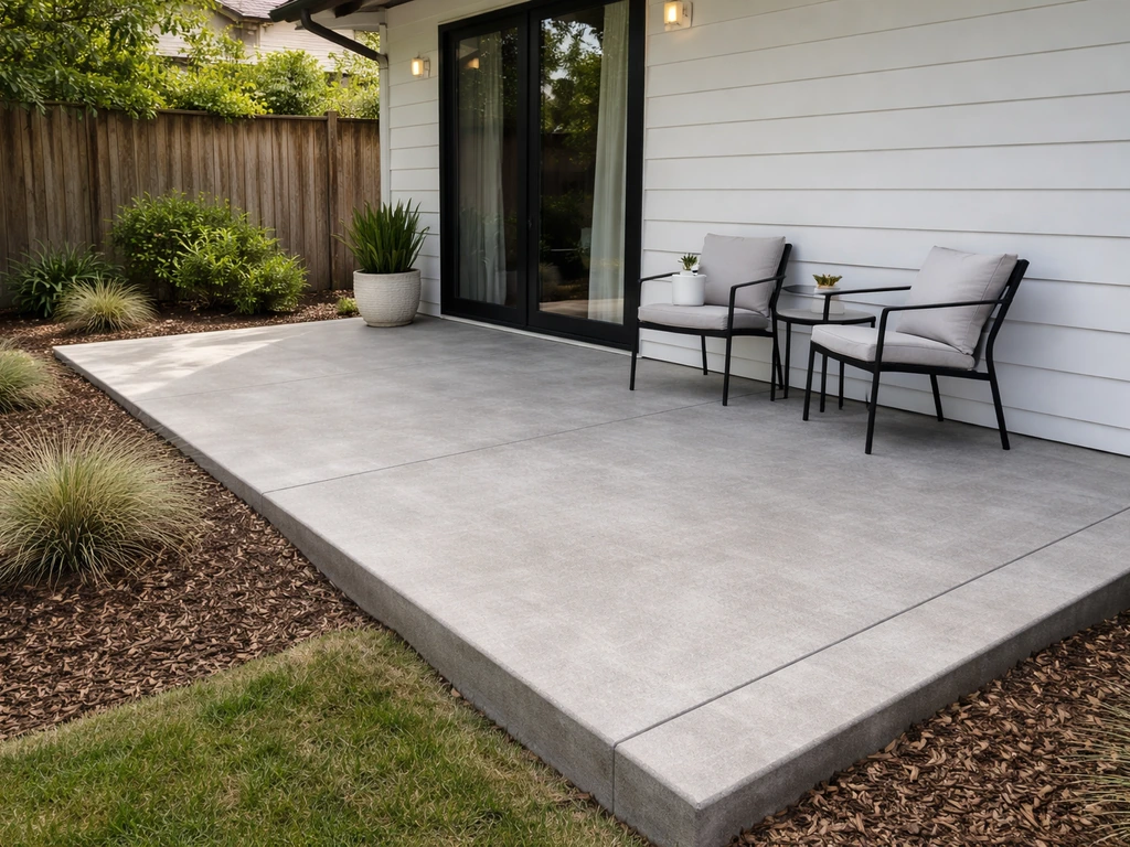 Ground-level concrete patio attached to a home with clear boundary cues and minimal outdoor furniture.