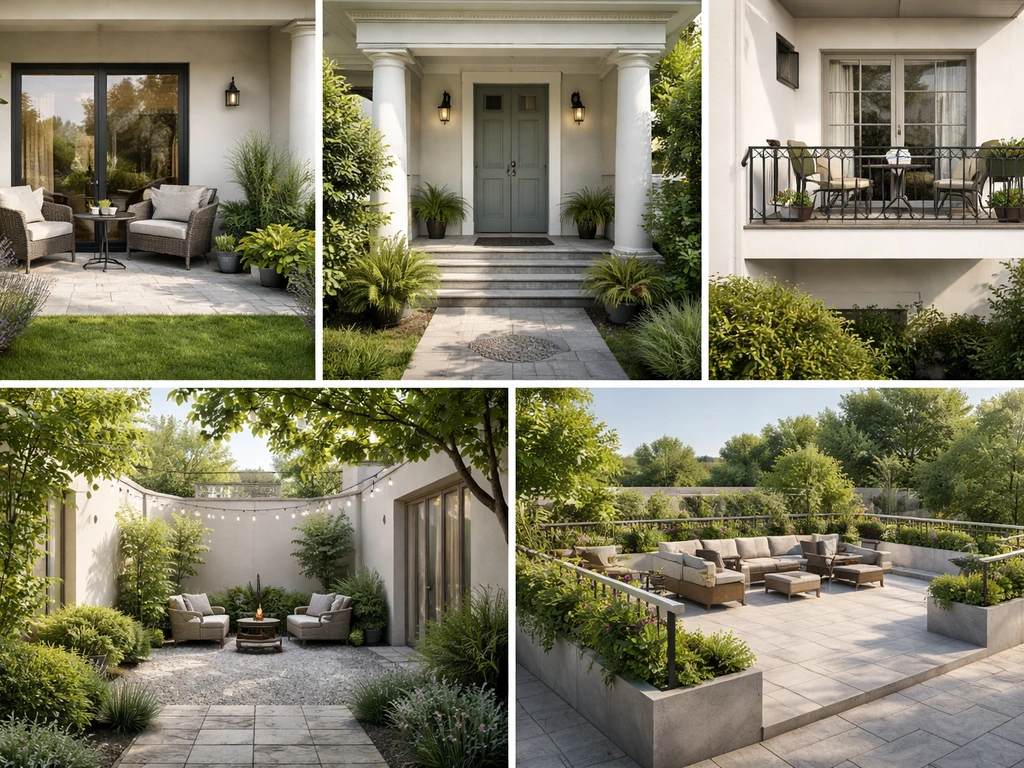 Minimal outdoor comparison scene with four distinct spaces: patio, porch, balcony, courtyard, and terrace.