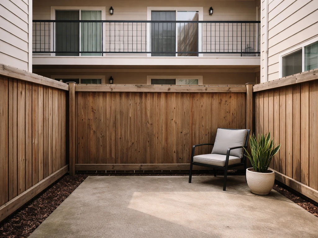 Ground-level fenced patio with a nearby second-floor walkway and overlooking windows reducing privacy