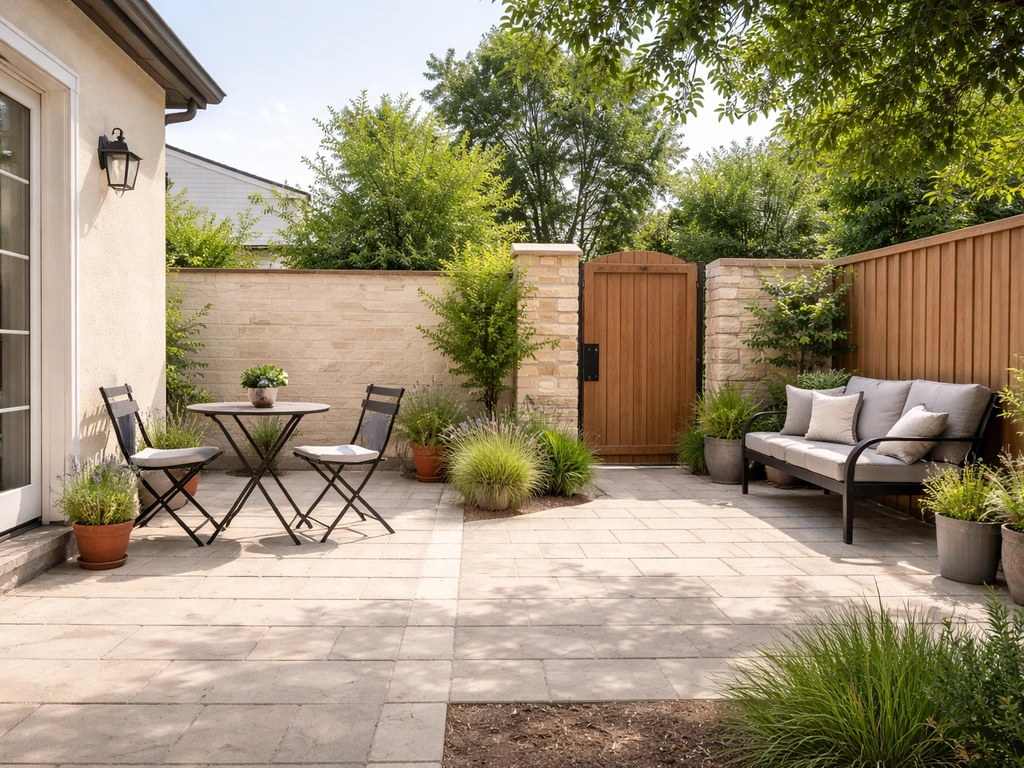 Side-by-side patio and enclosed courtyard with simple outdoor seating and natural daylight.