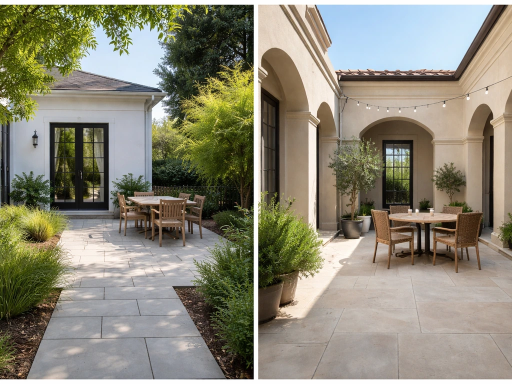 Left open paver patio by a home door; right enclosed wall-and-colonnade courtyard, both empty and paved.