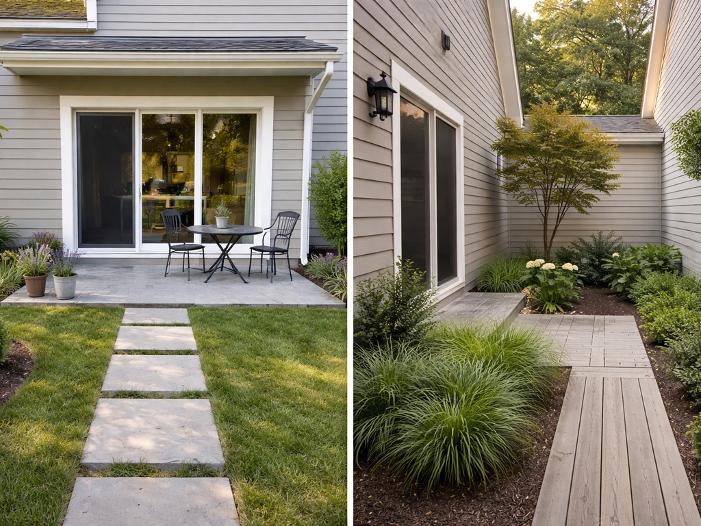 Back patio off the kitchen with a walkway, contrasted with an enclosed side courtyard in a home yard.