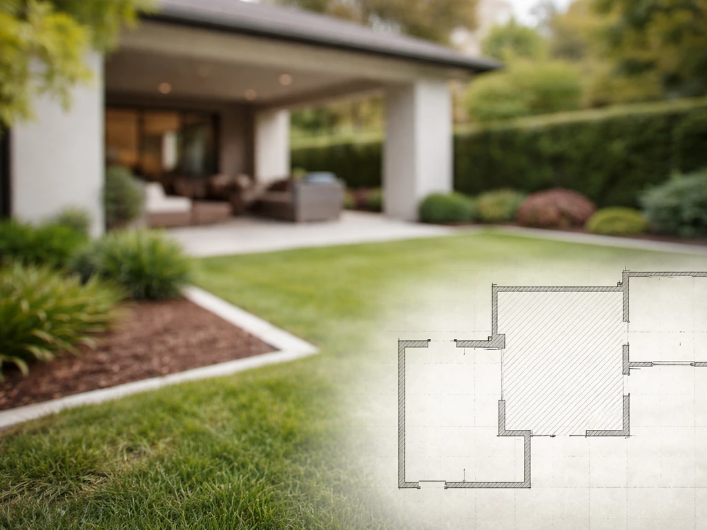Blurred outdoor patio context beside a hatched floor-plan style courtyard outline for spotting differences.