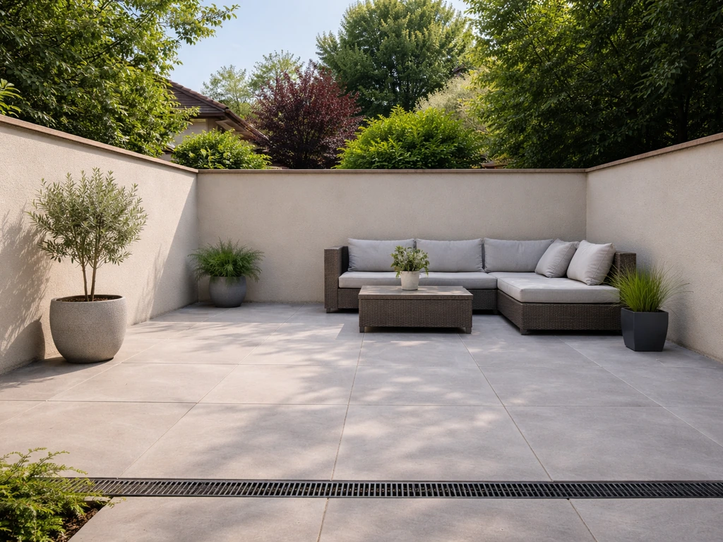 Enclosed courtyard with perimeter walls blocking views and a graded patio leading to a small drainage grate.
