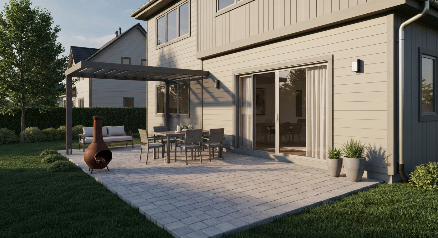 Open patio at ground level next to a house with pavers, furniture, no roof, and sky visible