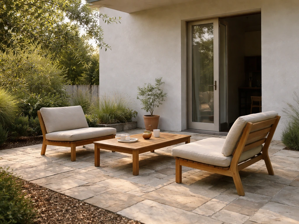 Minimal residential patio beside a house, showing stone paving and outdoor seating in natural light.