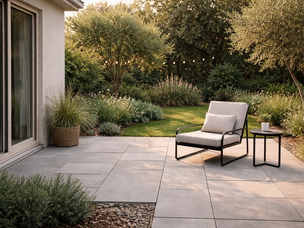 Ground-level unroofed patio with pavers beside a house, showing an open leisure outdoor space.