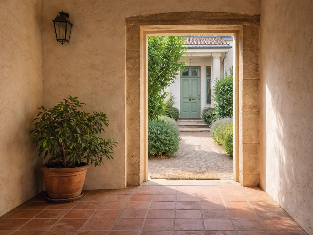 Enclosed Spanish inner courtyard opening to a quiet English home entry, showing word origin journey.