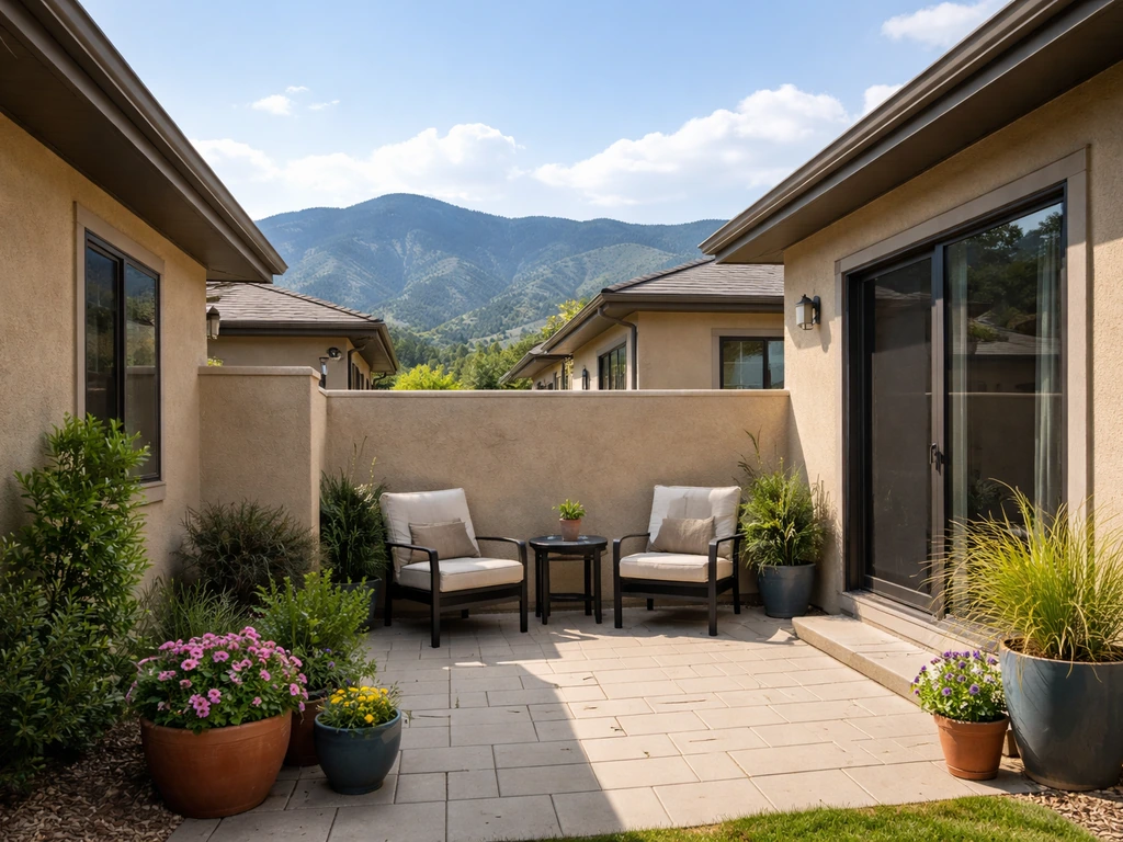 Colorado patio home exterior with clustered attached houses and private backyard patios.
