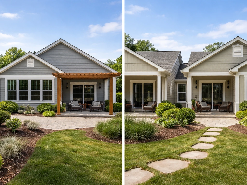 Side-by-side exterior of a detached home patio versus an attached patio home with shared wall.