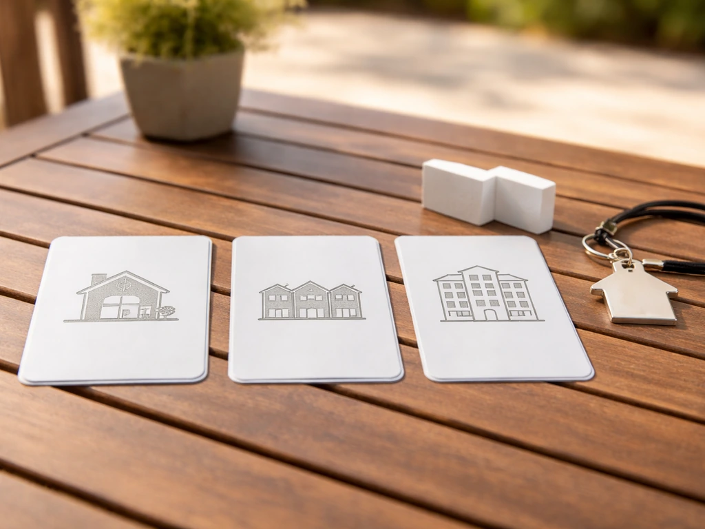 Three blank listing-term cards with simple icons on a patio table, with shared-wall and HOA cues nearby.