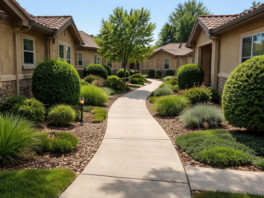 Well-maintained HOA walkway and landscaping in a quiet Colorado patio home community.