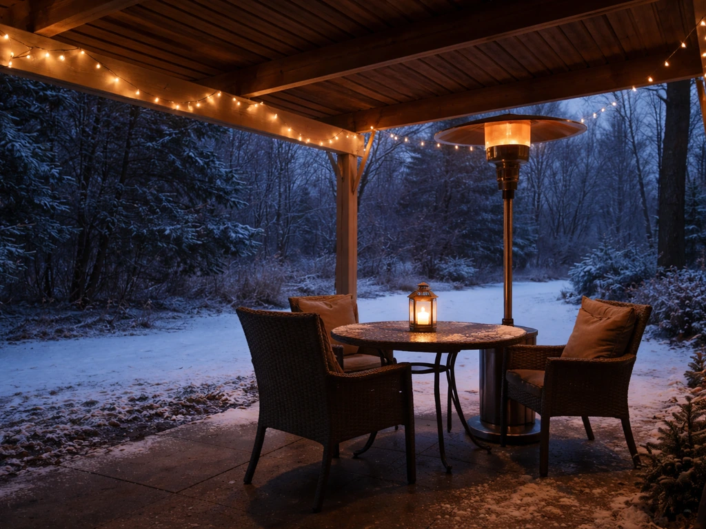 Covered winter patio with outdoor heater and warm string lights, with light snow and ice on the ground.
