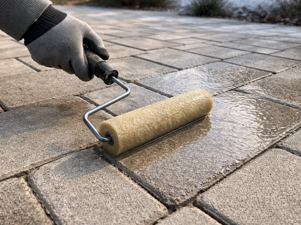 Close-up of a gloved hand applying concrete sealer to a patio paver as frost approaches.