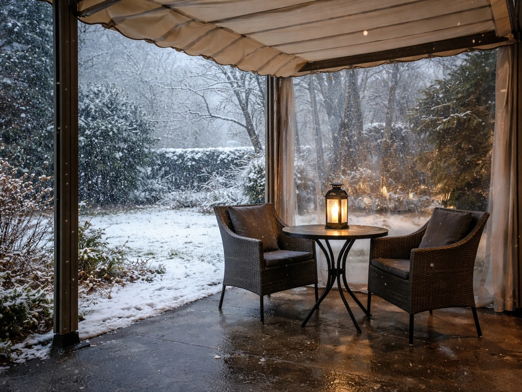Winter patio seating sheltered by a closed retractable awning, with snow and rain protection.