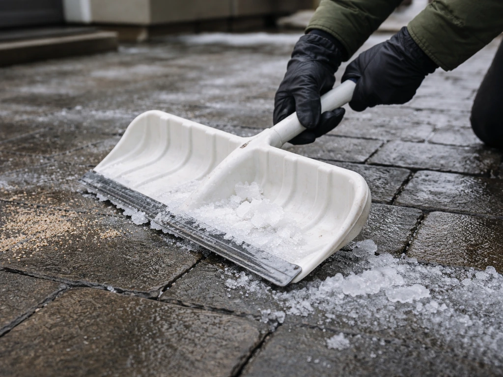 Person using a plastic snow shovel to clear ice from icy pavers; sand is spread for traction on a patio