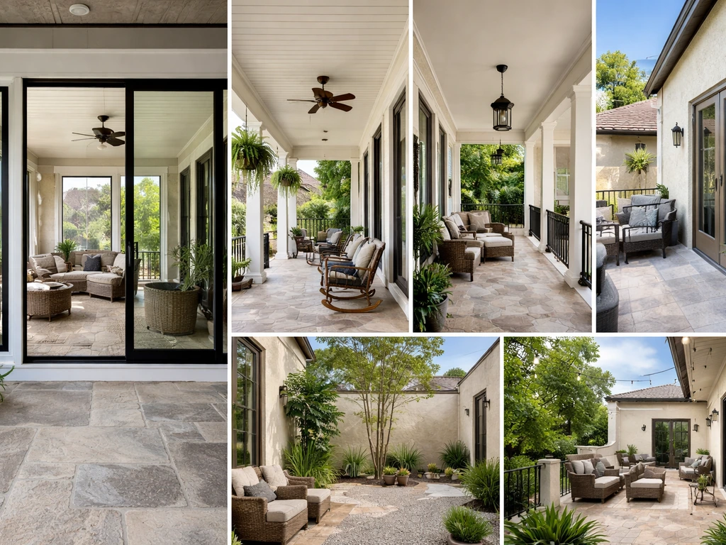 Minimal side-by-side exterior views showing a porch, veranda, courtyard, balcony, and enclosed patio room.