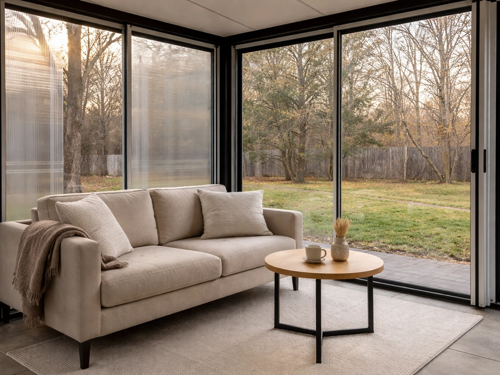 Enclosed four-season patio room with glass panels and cozy year-round furniture, photographed in natural light.