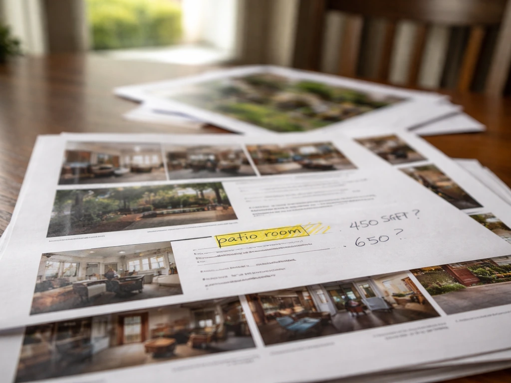 Close-up of real estate listing cards on a table with a patio room label and unclear square-footage notes.