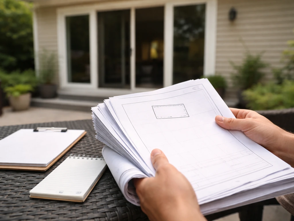 Close-up of permit paperwork and a small patio-room exterior in the background, emphasizing pre-renovation checks.