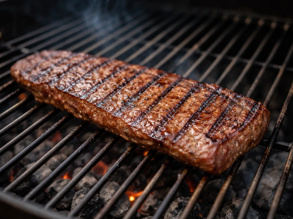 Close-up of flat iron–style patio steak sizzling on a hot grill with visible char and grill marks.