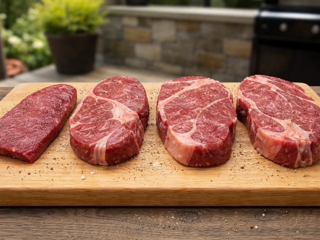 Flat iron steak and similar shoulder-blade cuts on a patio wooden board, raw and uncrowded.