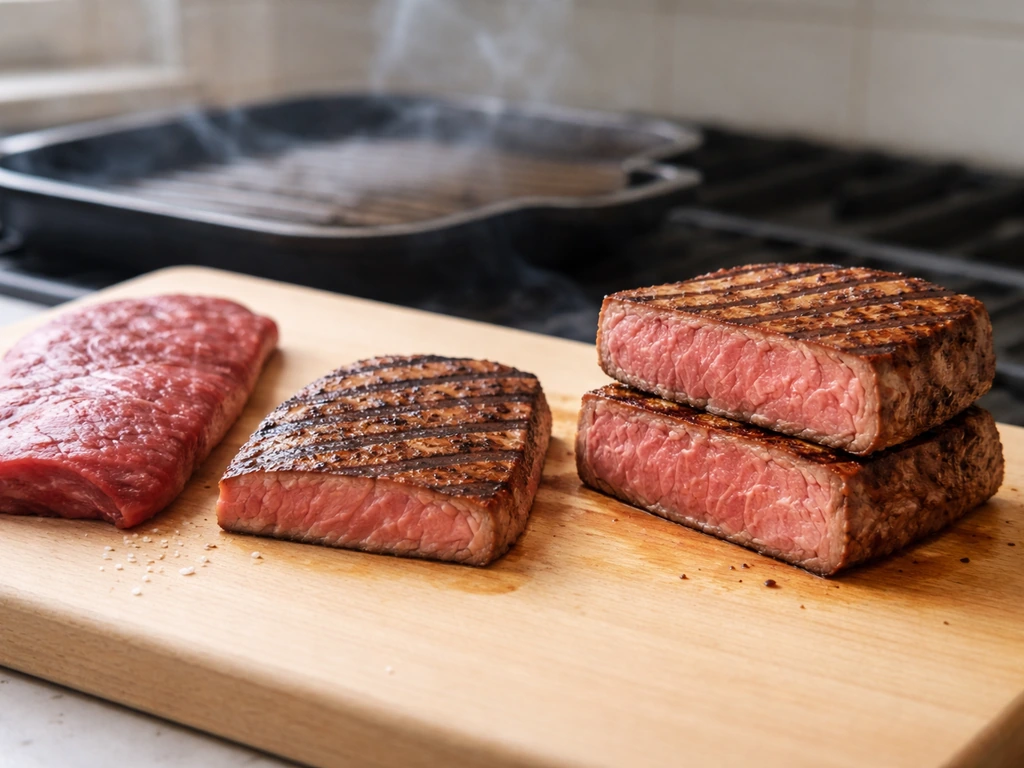 Flat iron steak thickness measurement beside two simple grill-style cooking scenarios