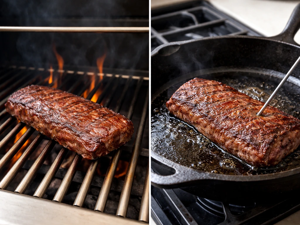Split cooking setup showing a high-heat grill searing steak, a cast-iron pan sear, and a meat thermometer probe.
