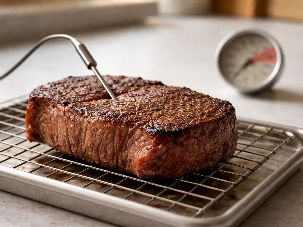 Close-up of a thick steak with a probe thermometer inserted, showing a simple doneness dial guide nearby