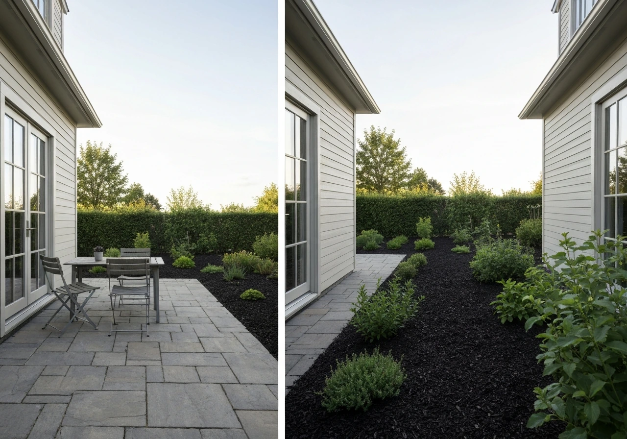 Split view of a home patio with outdoor dining next to a mulched garden bed with plants.
