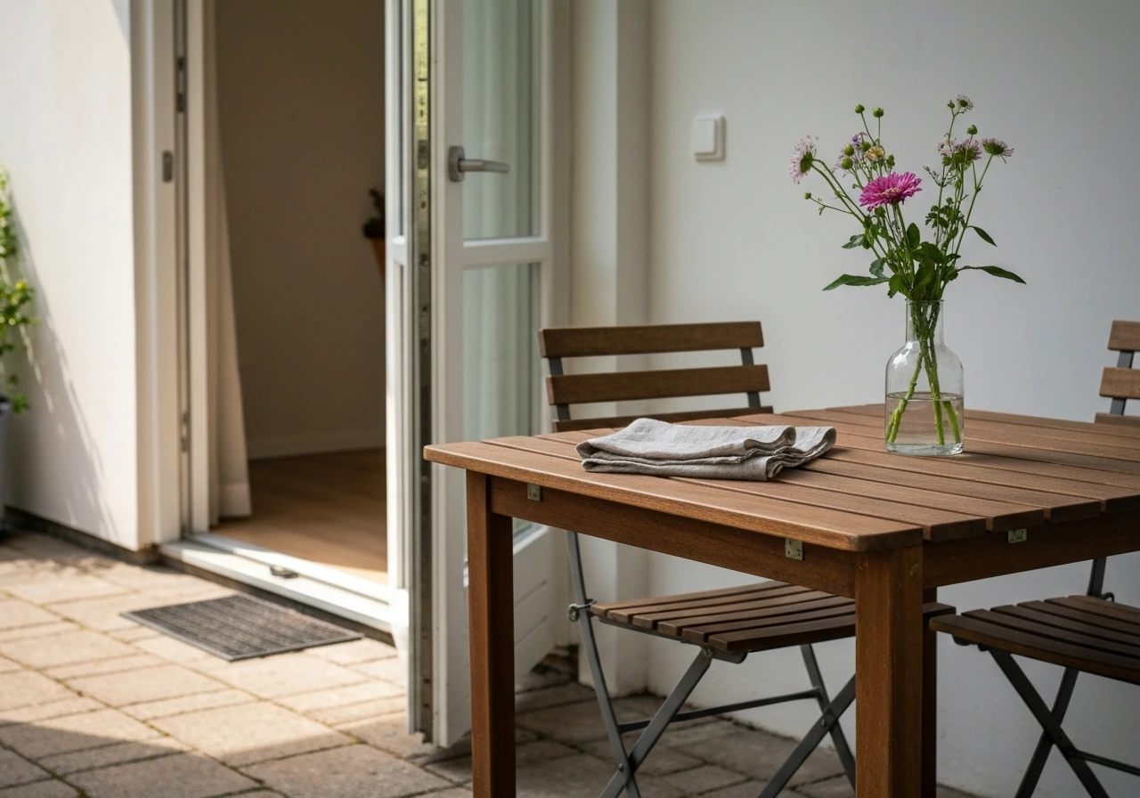 Close-up of an outdoor dining patio beside an open doorway, showing the home-to-patio connection.