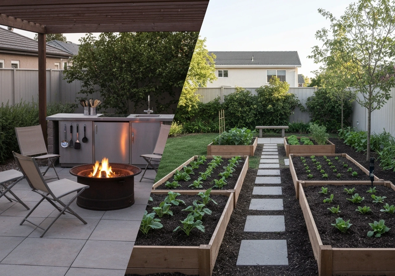 Split patio with fire pit and outdoor prep vs garden with raised beds, path, and bench.