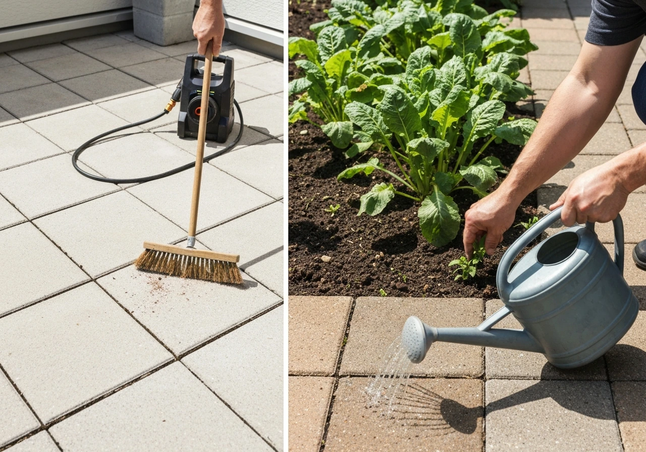 Hands sweeping patio debris while pulling a weed and watering plants in a simple garden bed.