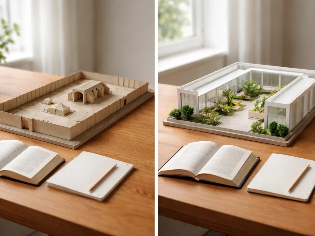 Two small courtyard models side by side on a desk, suggesting confusion between biblical courtyard and modern atrium.
