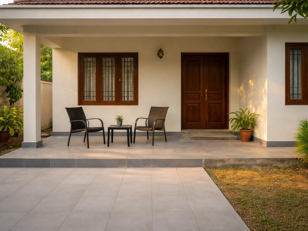 A quiet Tamil home exterior with a paved patio area attached to the house, set for outdoor sitting/dining.