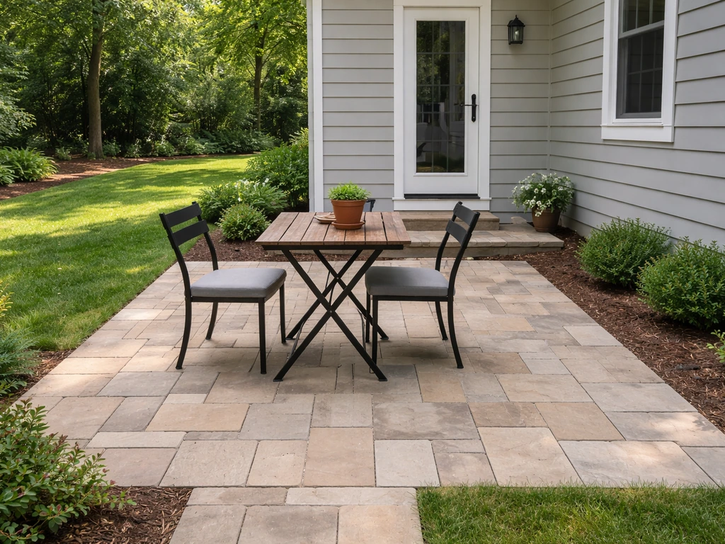 Ground-level stone patio beside a house with an outdoor dining table and chairs.